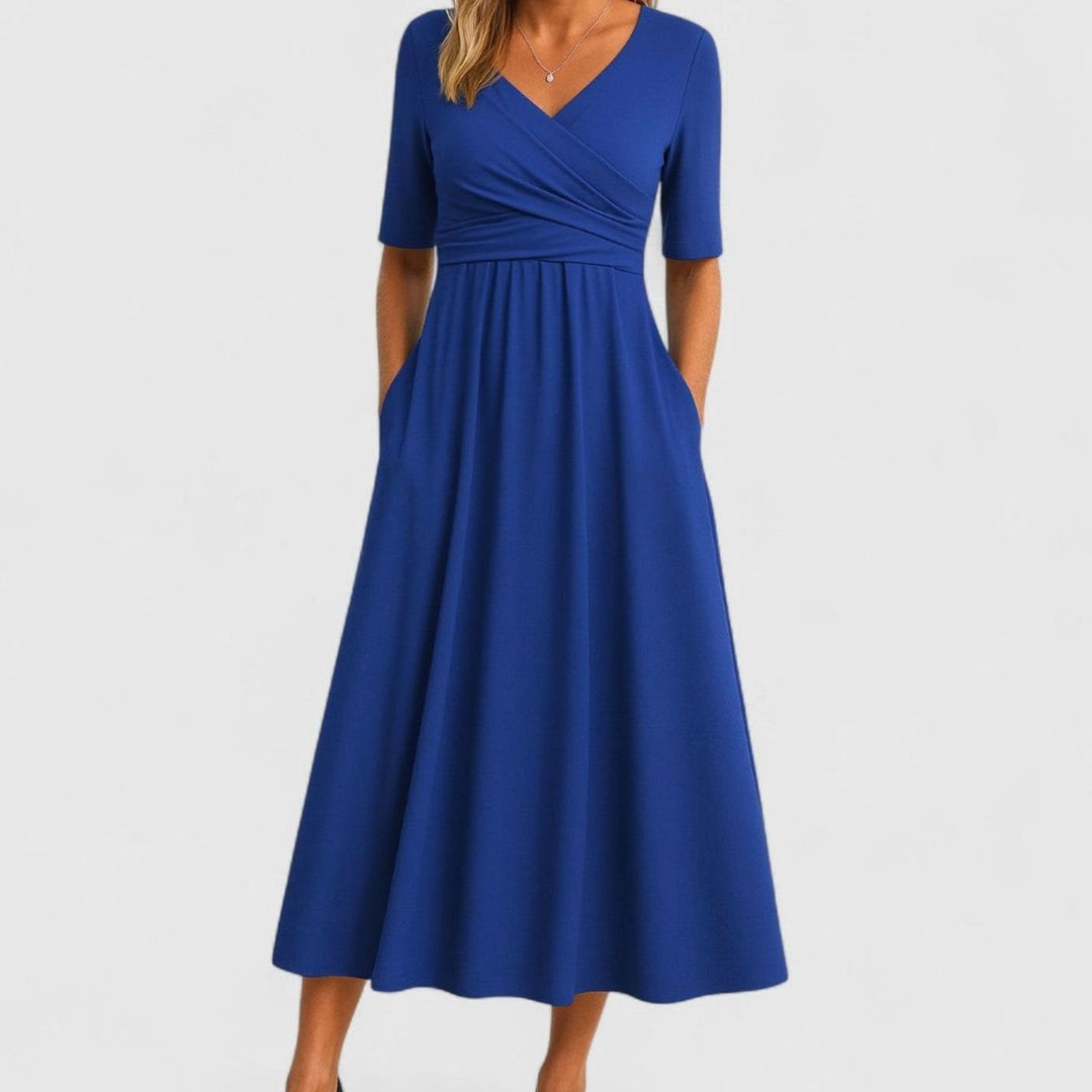 Women's V-Neck Crossover High-Waist A-Line Midi Dress - Blue