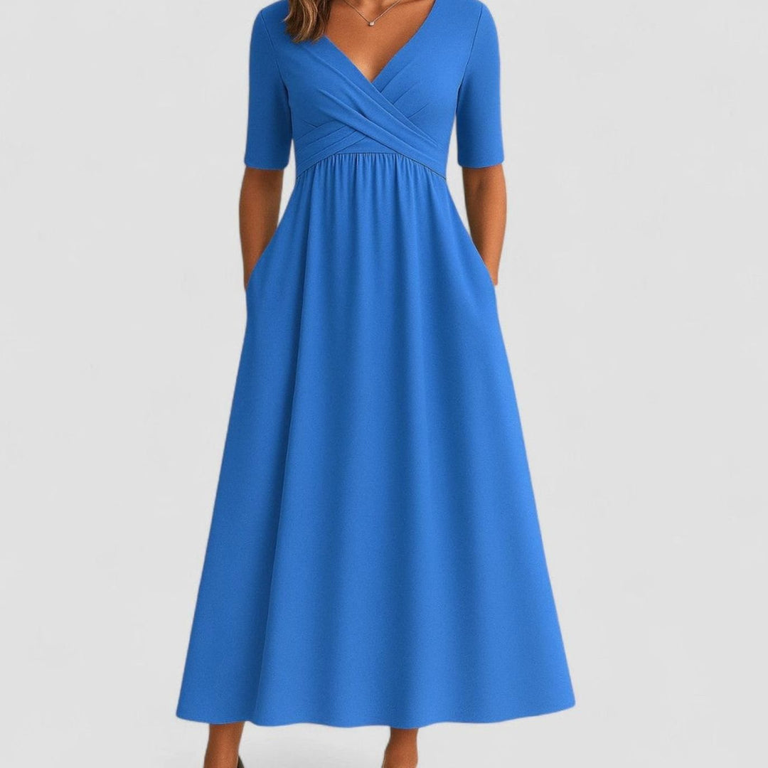 Women's V-Neck Crossover High-Waist A-Line Midi Dress - Azure Blue