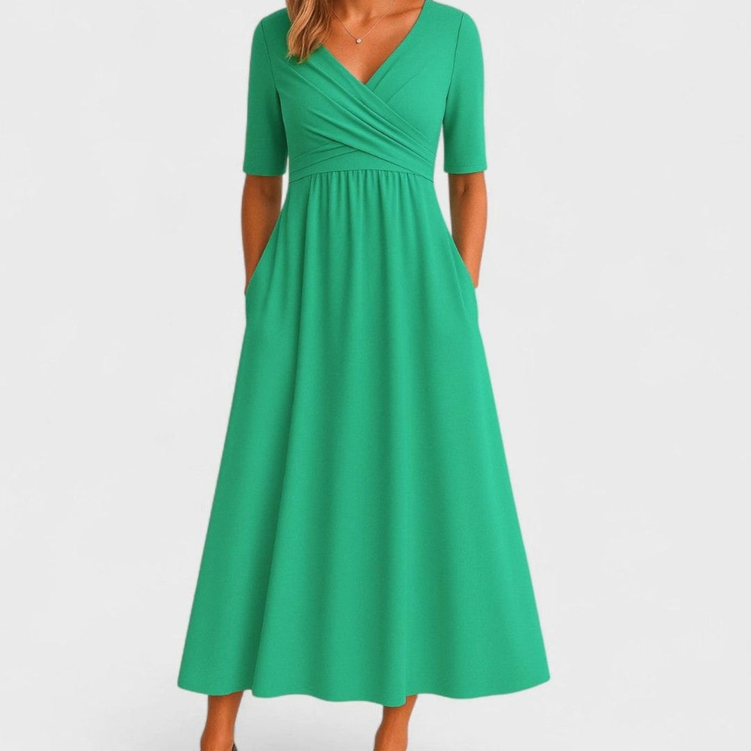 Women's V-Neck Crossover High-Waist A-Line Midi Dress - Green