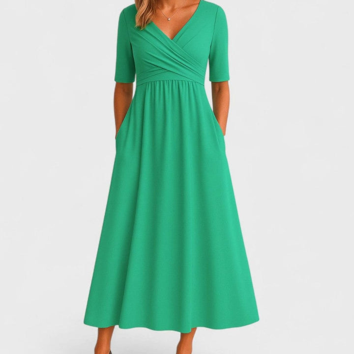 Women's V-Neck Crossover High-Waist A-Line Midi Dress - Green