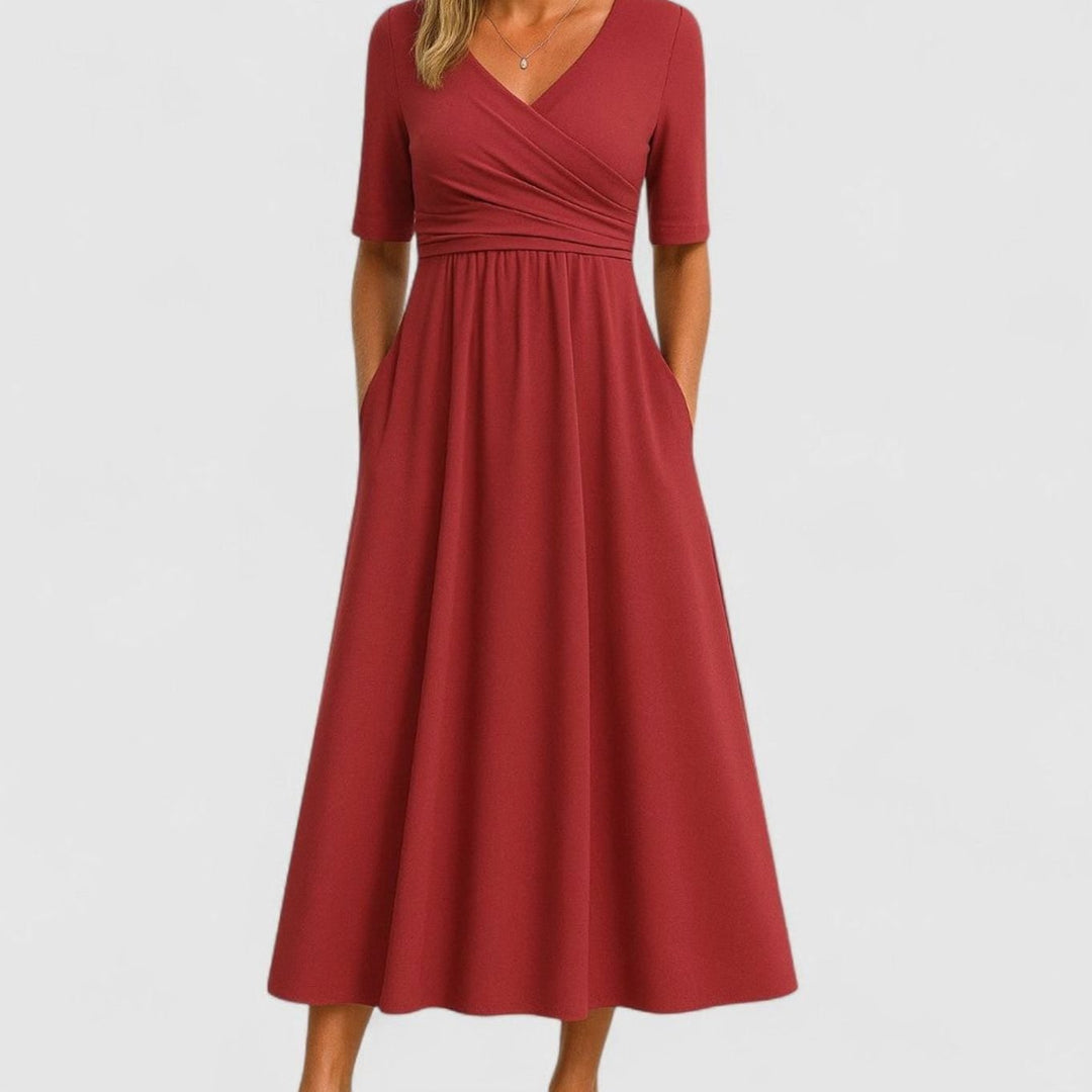 Women's V-Neck Crossover High-Waist A-Line Midi Dress - Red