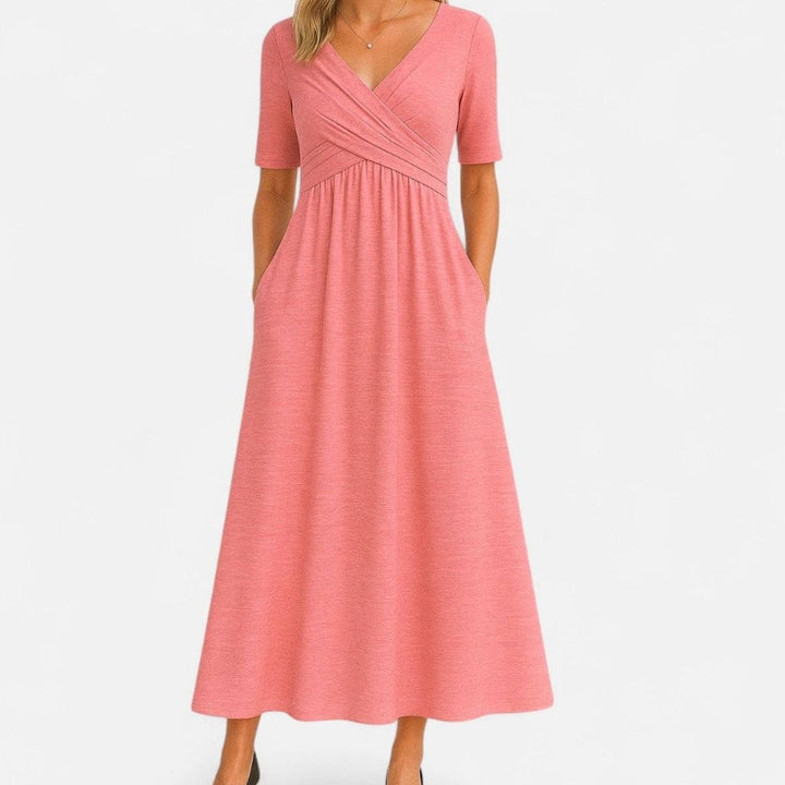 Women's V-Neck Crossover High-Waist A-Line Midi Dress - Pink