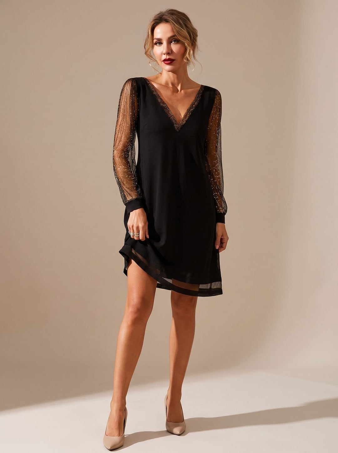 Women's V-Neck Glitter Mesh Long-Sleeve Mini Party Dress - Black