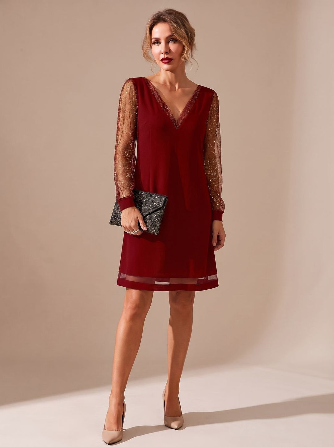 Women's V-Neck Glitter Mesh Long-Sleeve Mini Party Dress - Red