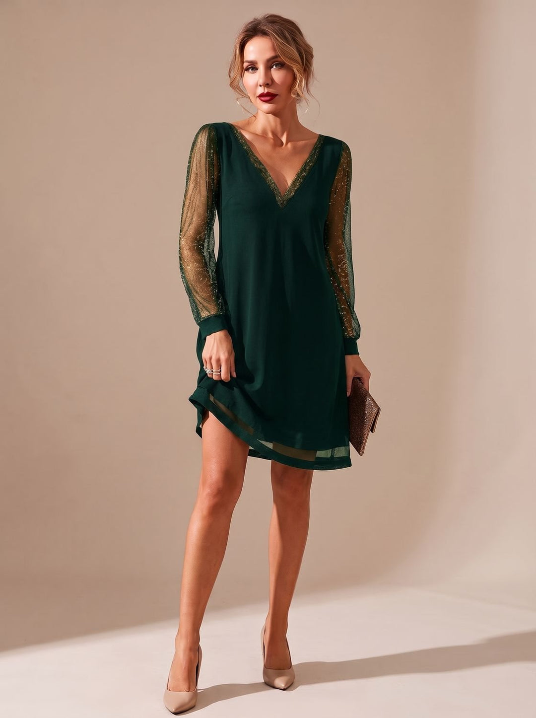 Women's V-Neck Glitter Mesh Long-Sleeve Mini Party Dress - Green