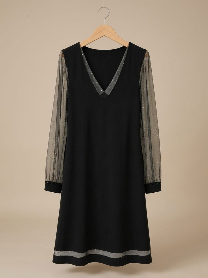 Women's V-Neck Glitter Mesh Long-Sleeve Mini Party Dress