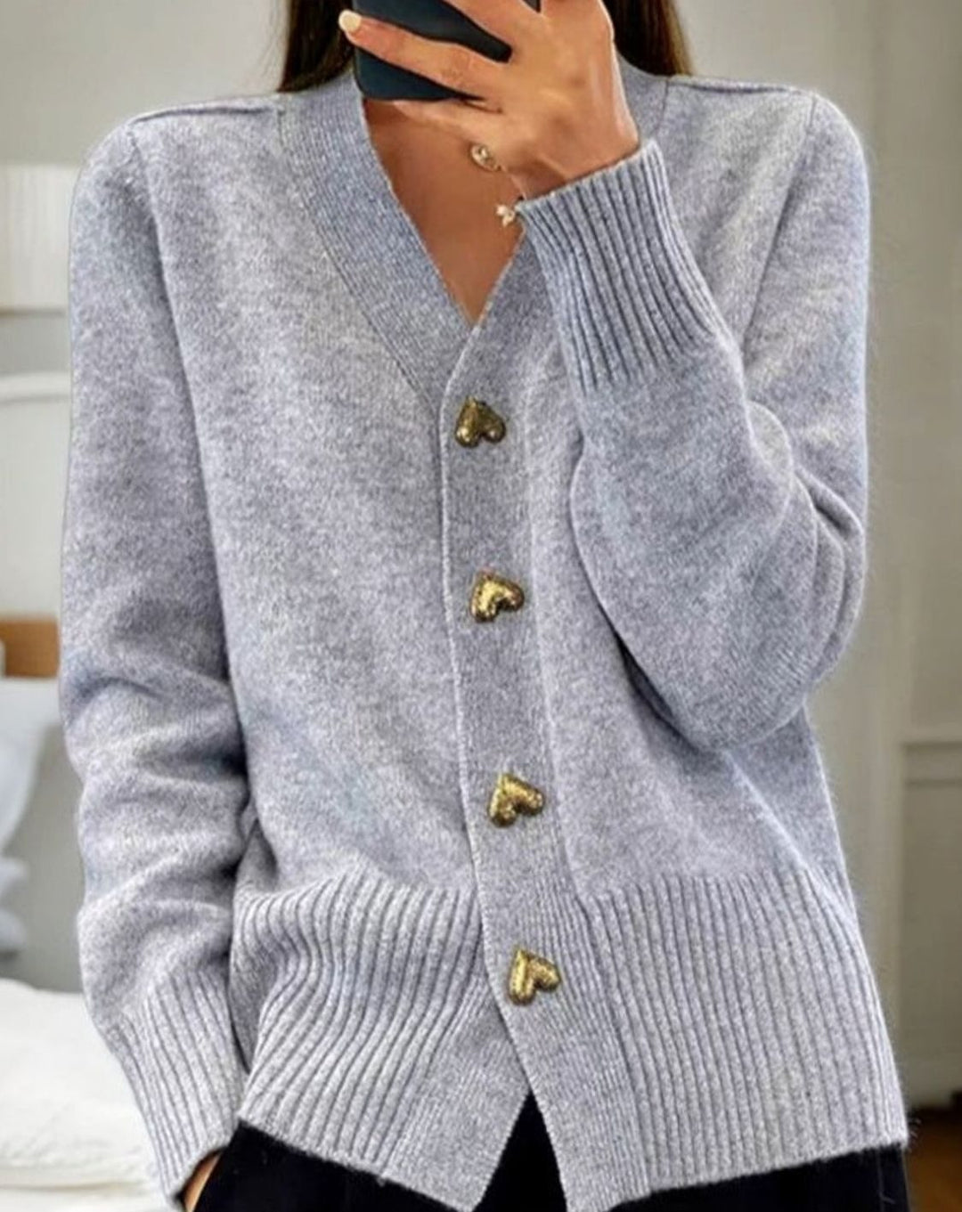 Women's V-Neck Long Sleeve Cardigan Sweater Heart Buttons - Gray