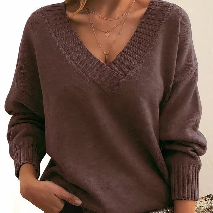 Women's V-Neck Long Sleeve Knit Pullover Sweater - Auburn
