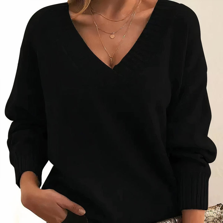 Women's V-Neck Long Sleeve Knit Pullover Sweater - Black