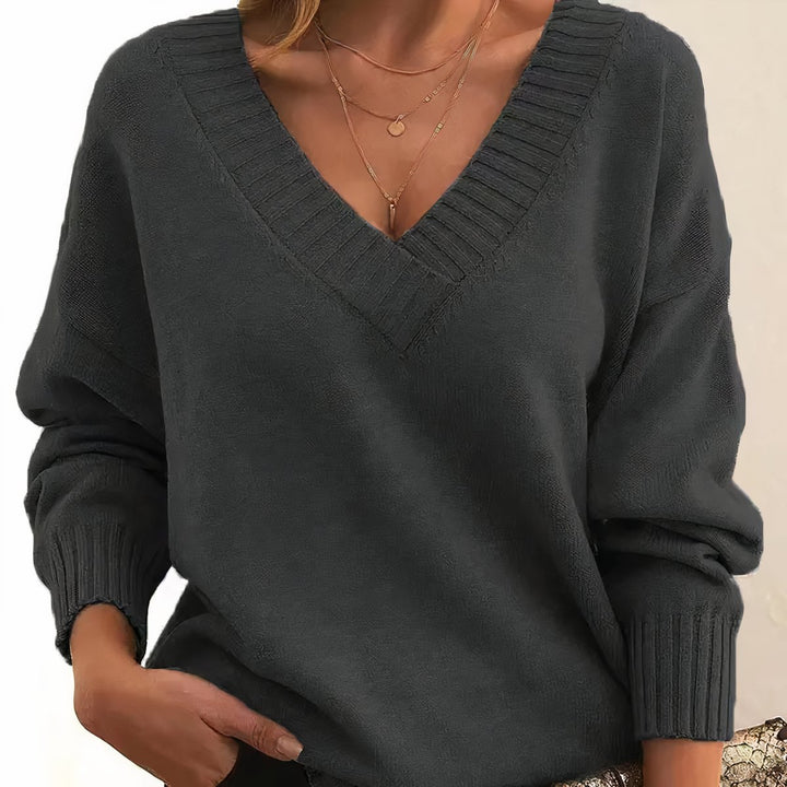 Women's V-Neck Long Sleeve Knit Pullover Sweater - Dark Gray