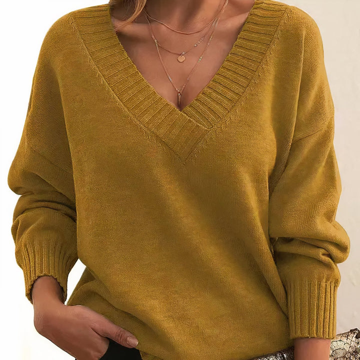Women's V-Neck Long Sleeve Knit Pullover Sweater - Gold