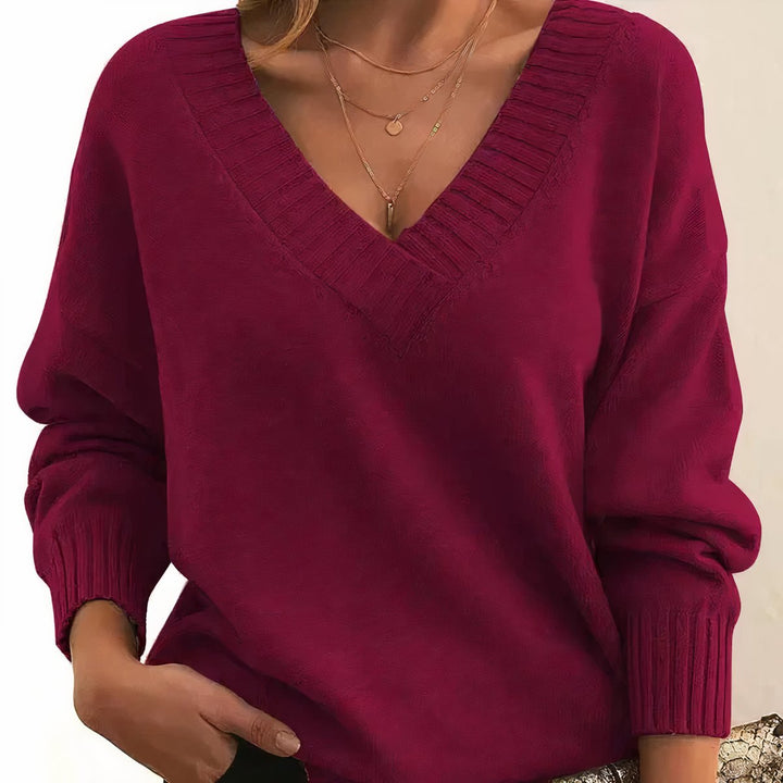 Women's V-Neck Long Sleeve Knit Pullover Sweater - Red