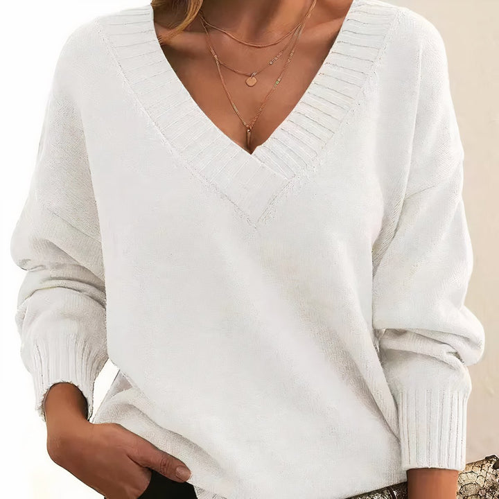 Women's V-Neck Long Sleeve Knit Pullover Sweater - White
