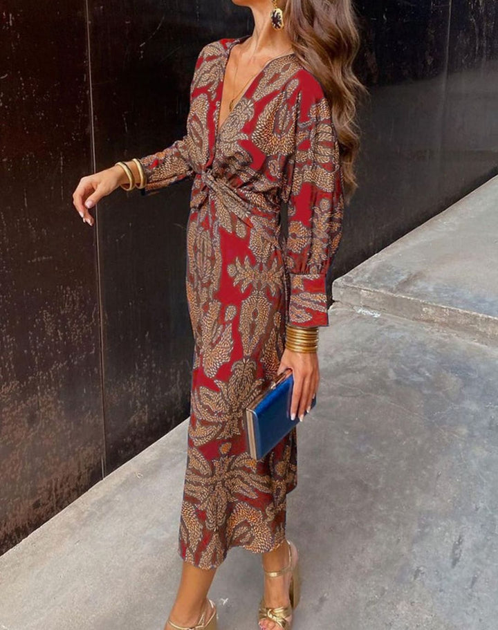Women's V-Neck Long Sleeve Knotted Front Printed Maxi Dress - Red