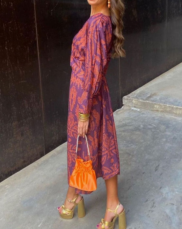 Women's V-Neck Long Sleeve Knotted Front Printed Maxi Dress - Purple
