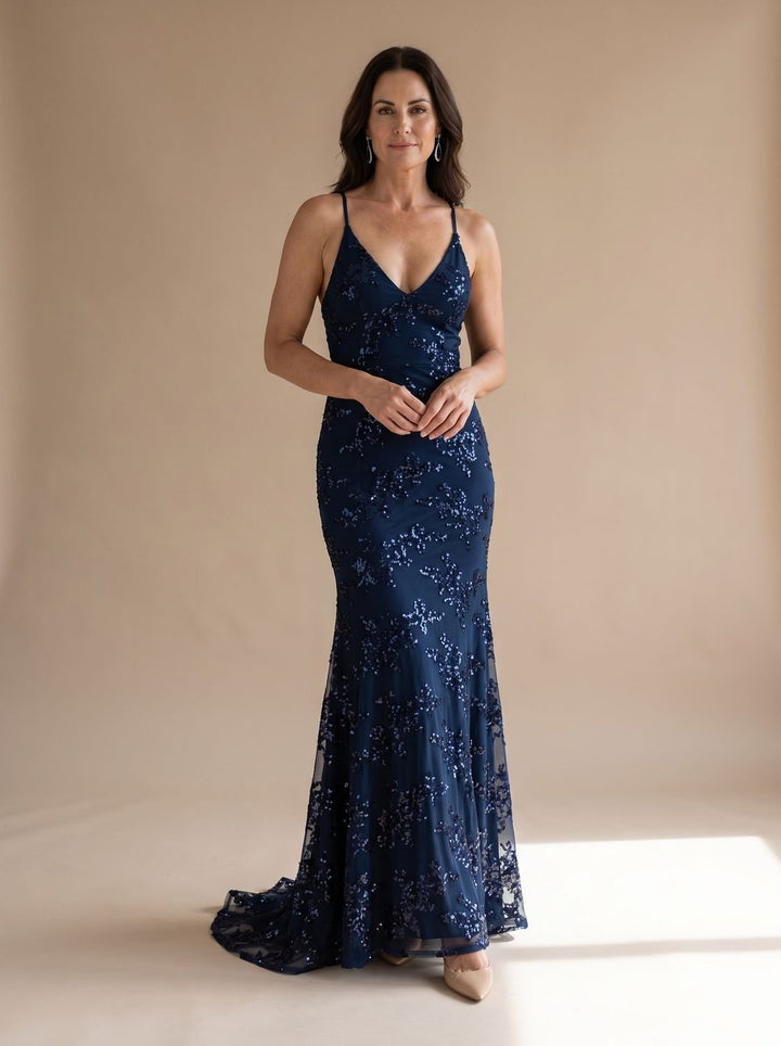 Women's V-Neck Open-Back Sequin Maxi Dress - Blue