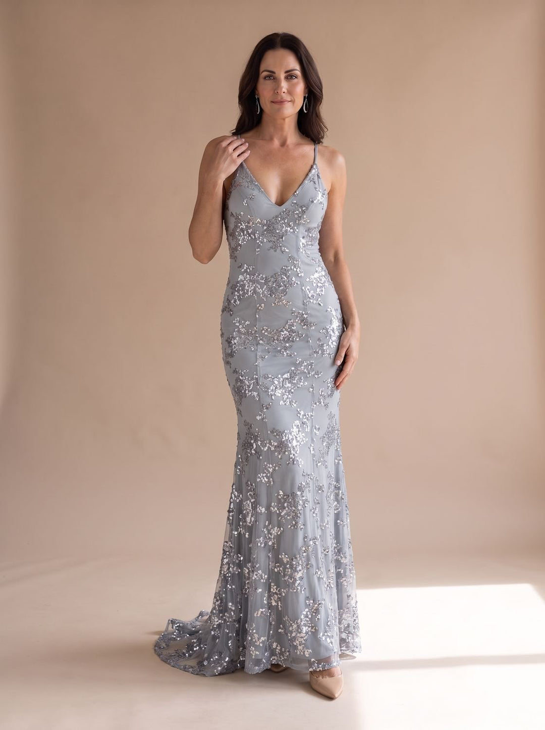 Women's V-Neck Open-Back Sequin Maxi Dress - Gray