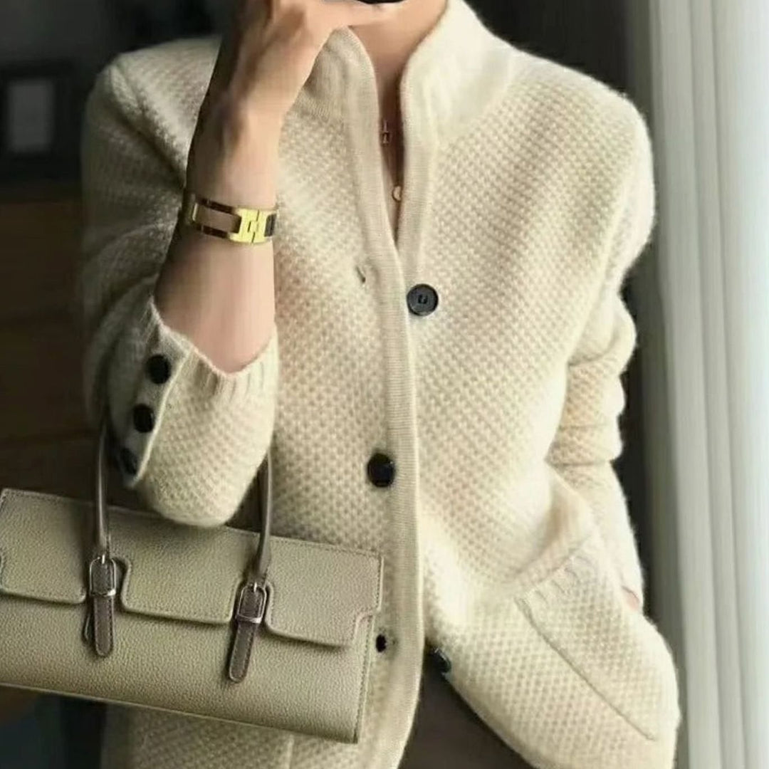 Women's V-Neck Open-Pocket Knit Button Cardigan Sweater - Beige