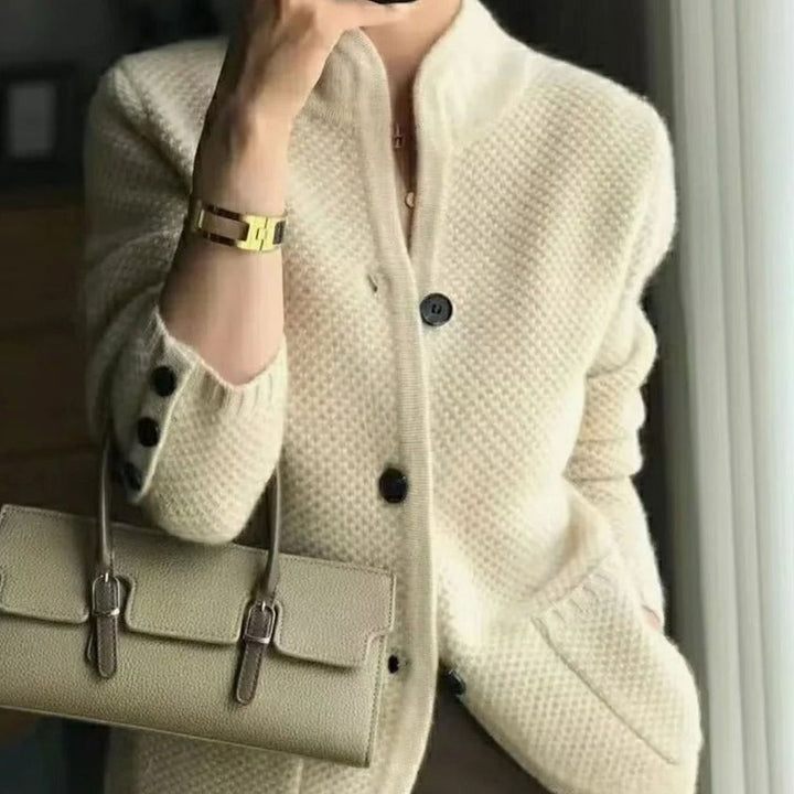 Women's V-Neck Open-Pocket Knit Button Cardigan Sweater - Beige
