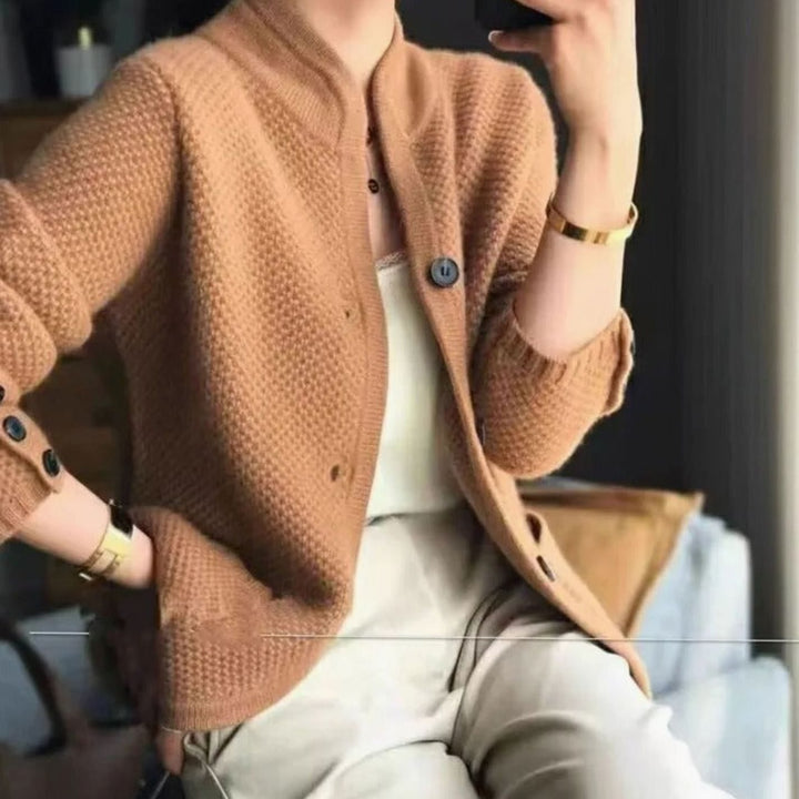 Women's V-Neck Open-Pocket Knit Button Cardigan Sweater - Brown
