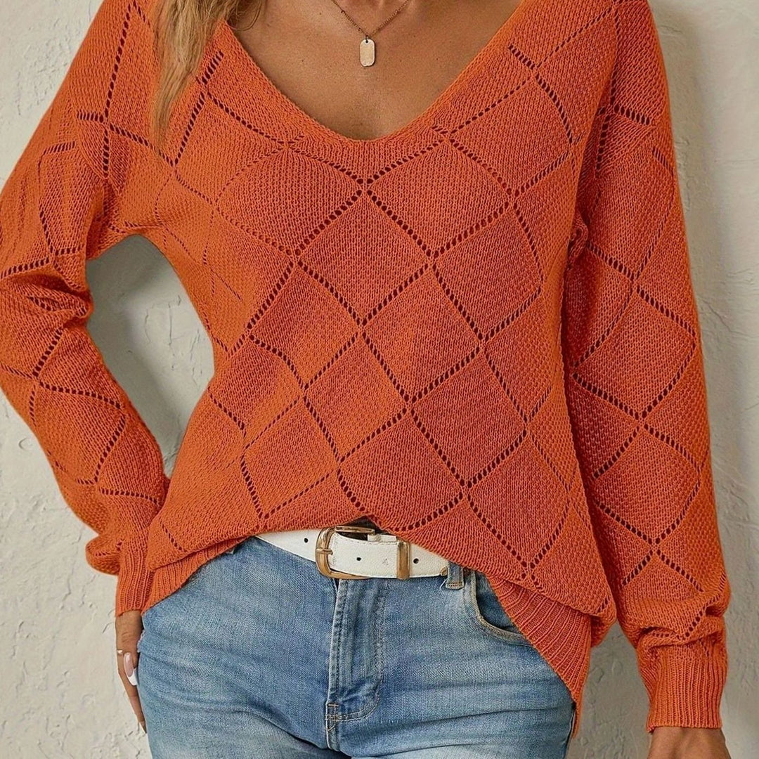 Women's V-Neck Openwork Knit Long-Sleeve Sweater - Orange-Red