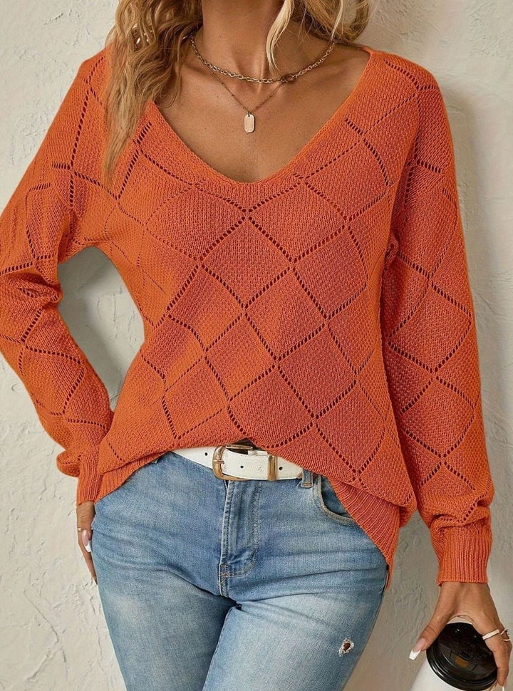 Women's V-Neck Openwork Knit Long-Sleeve Sweater