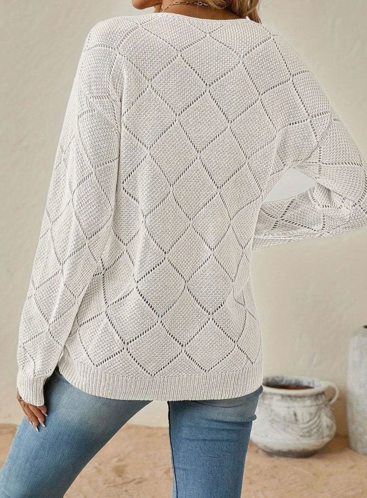 Women's V-Neck Openwork Knit Long-Sleeve Sweater
