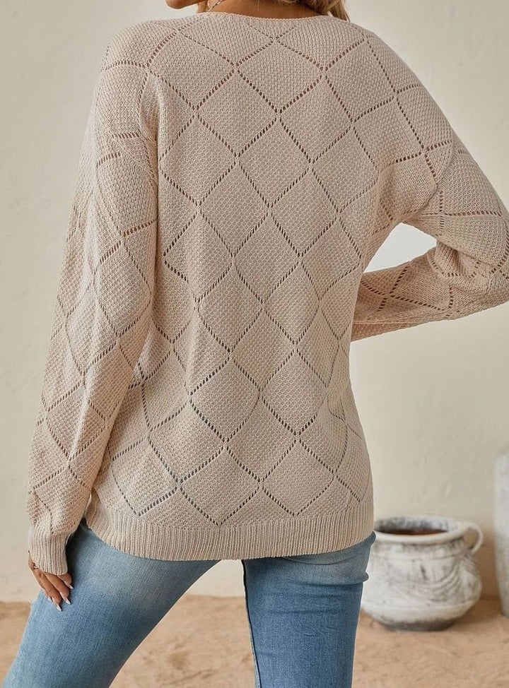 Women's V-Neck Openwork Knit Long-Sleeve Sweater