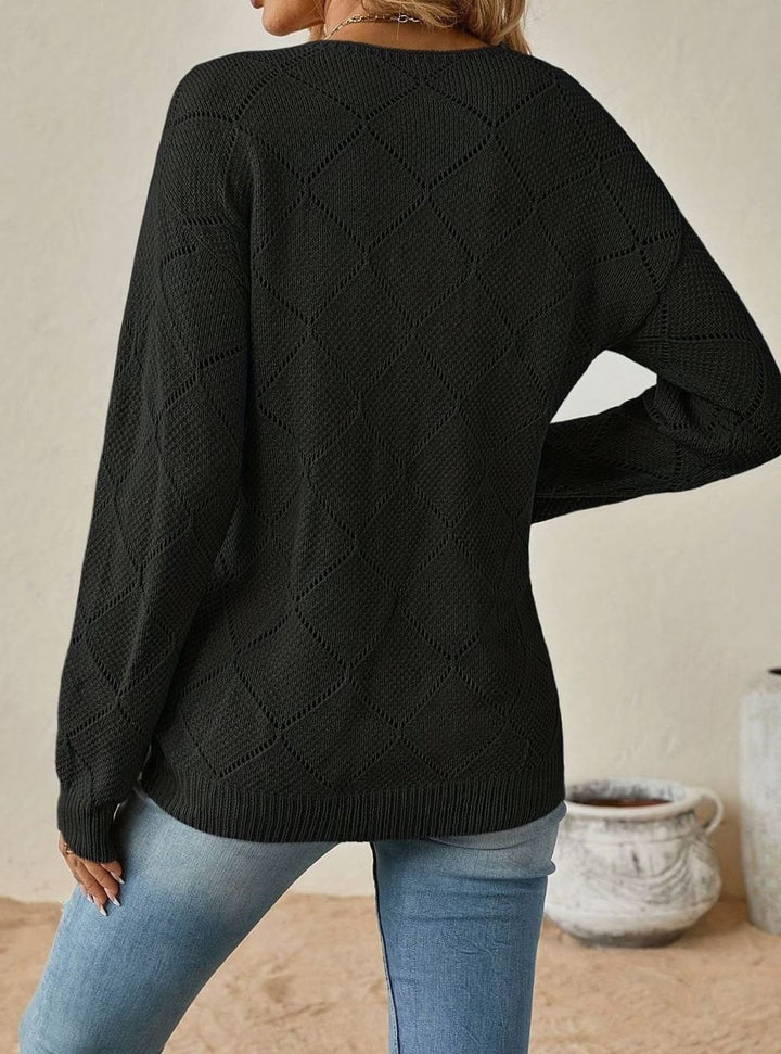 Women's V-Neck Openwork Knit Long-Sleeve Sweater