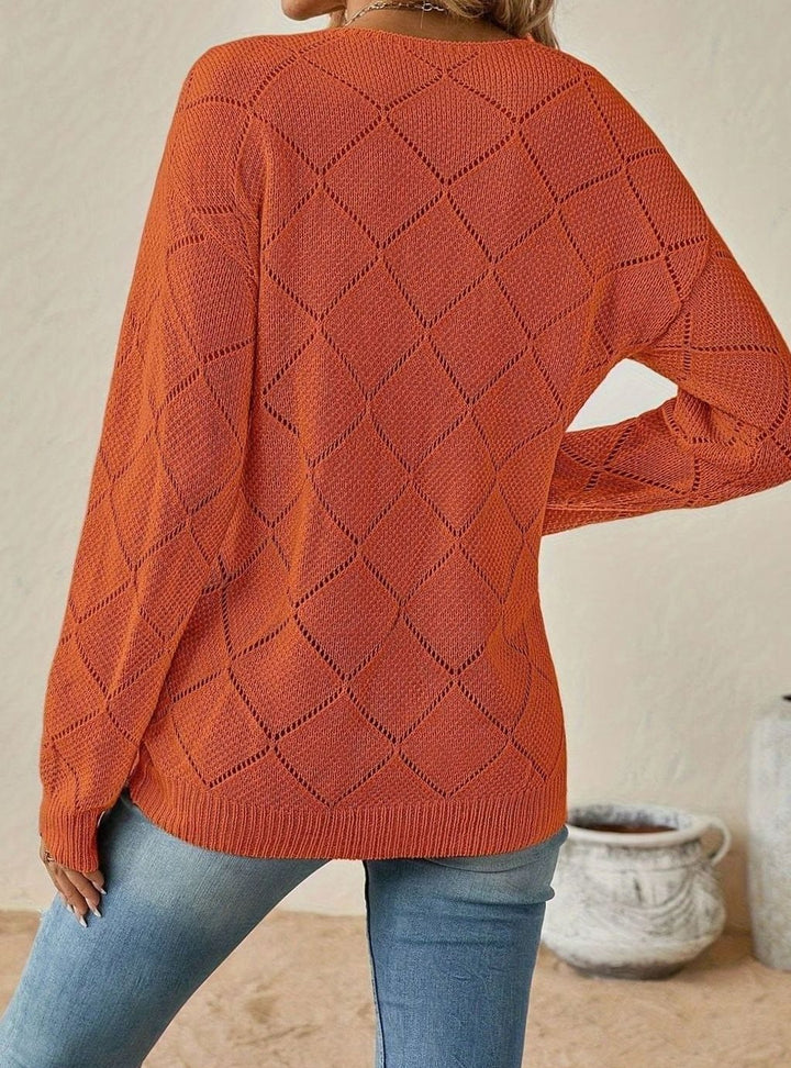 Women's V-Neck Openwork Knit Long-Sleeve Sweater