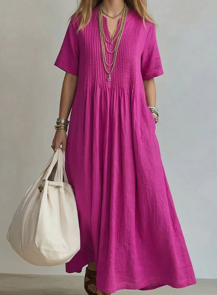 Women's V-Neck Pintuck Pleated Flowy Maxi Dress - Pink