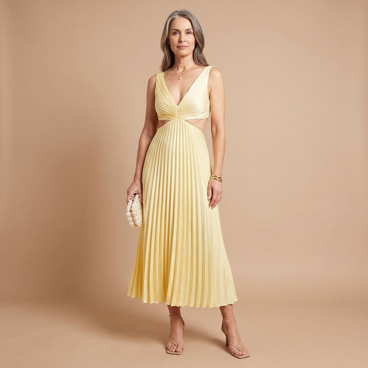 Women's V-Neck Pleated Cutout Sleeveless Midi Dress - Yellow