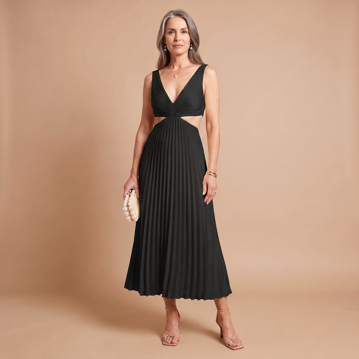 Women's V-Neck Pleated Cutout Sleeveless Midi Dress - Black