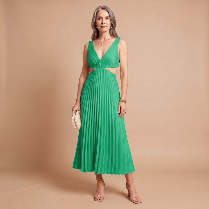 Women's V-Neck Pleated Cutout Sleeveless Midi Dress - Green