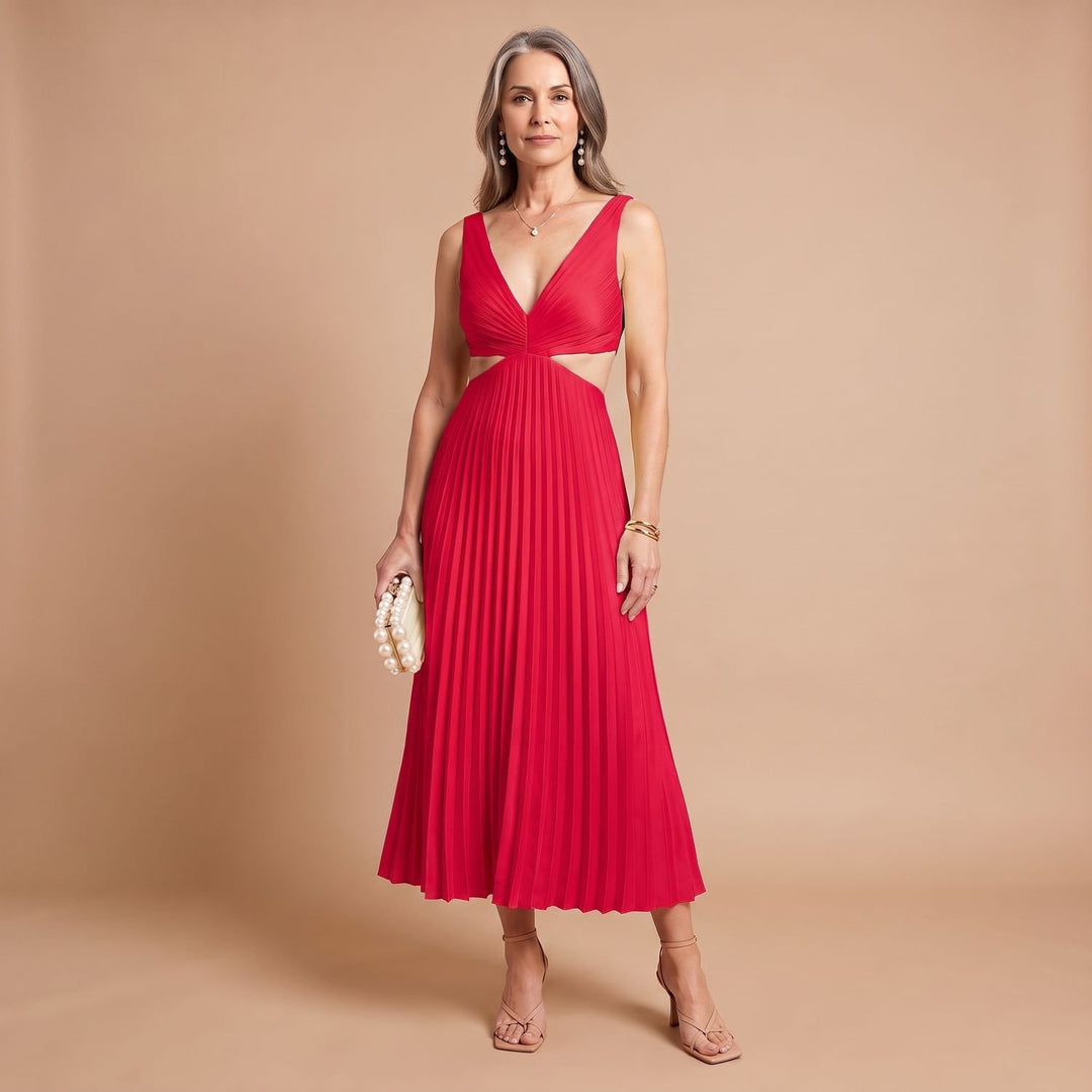 Women's V-Neck Pleated Cutout Sleeveless Midi Dress - Red