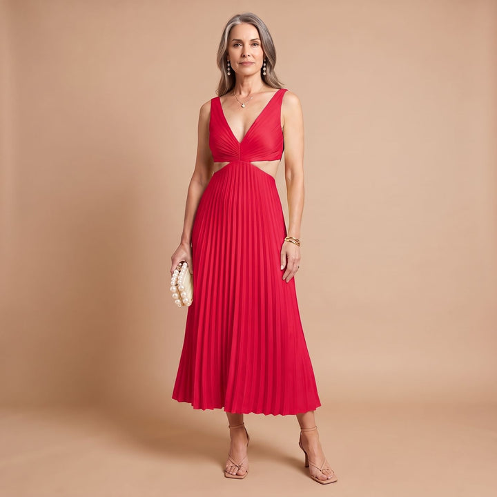 Women's V-Neck Pleated Cutout Sleeveless Midi Dress - Red