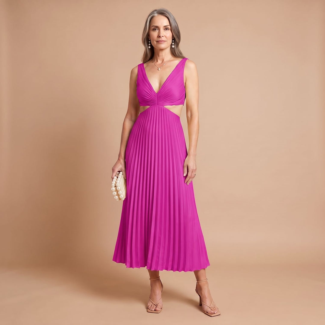 Women's V-Neck Pleated Cutout Sleeveless Midi Dress - Pink