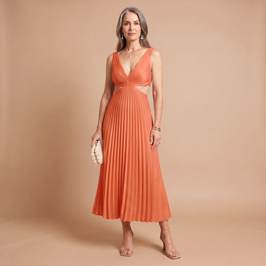 Women's V-Neck Pleated Cutout Sleeveless Midi Dress - Orange