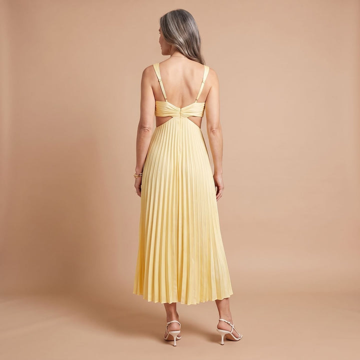 Women's V-Neck Pleated Cutout Sleeveless Midi Dress