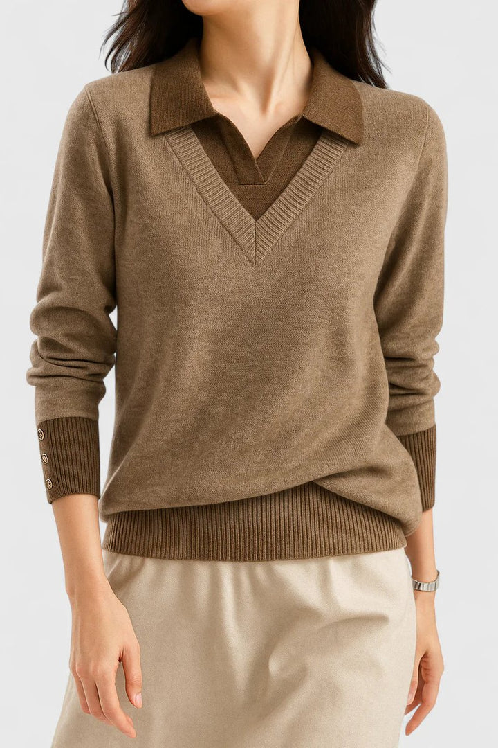 Women's V-Neck Polo Collar Knit Pullover Sweater Button Cuff - Brown