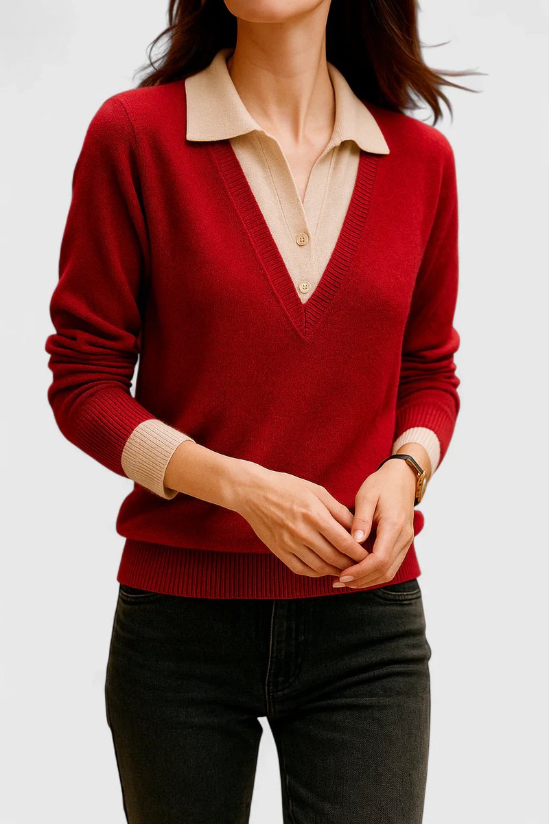 Women's V-Neck Polo Collar Knit Pullover Sweater Button Cuff