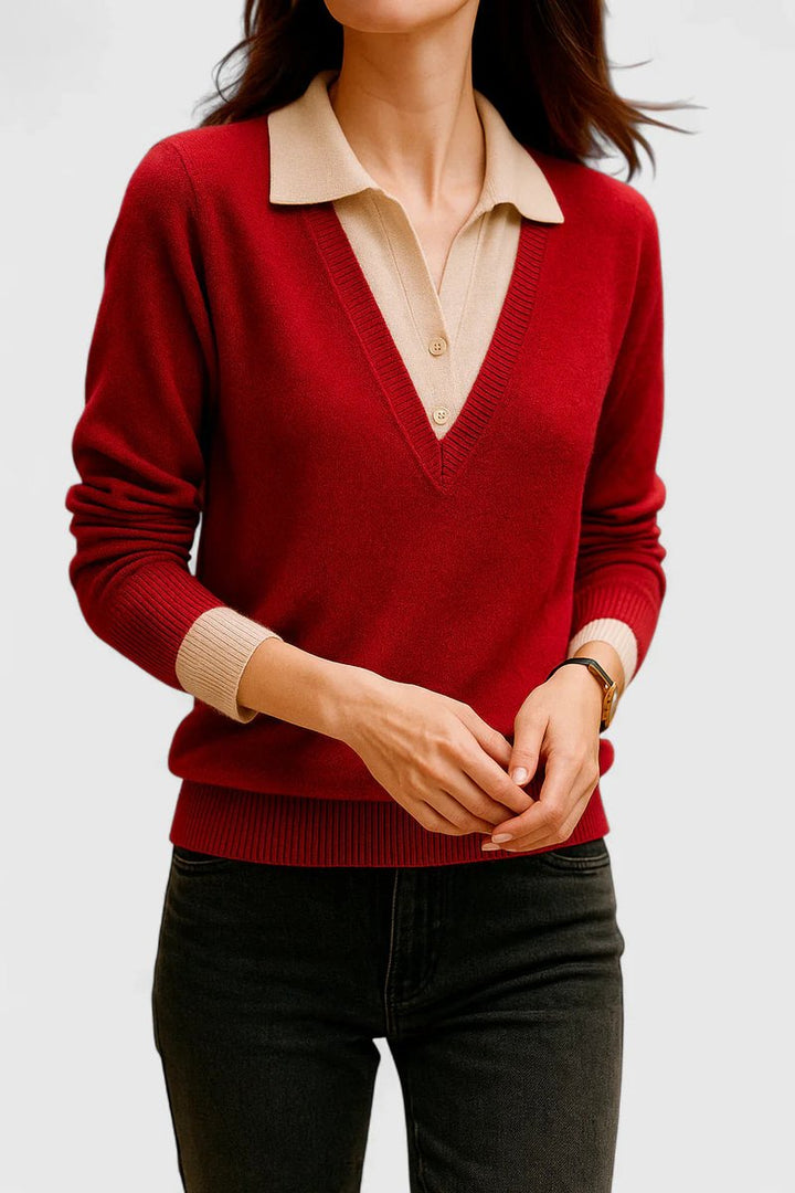 Women's V-Neck Polo Collar Knit Pullover Sweater Button Cuff
