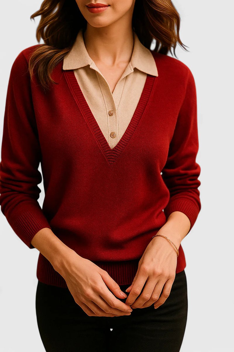 Women's V-Neck Polo Collar Knit Pullover Sweater Button Cuff
