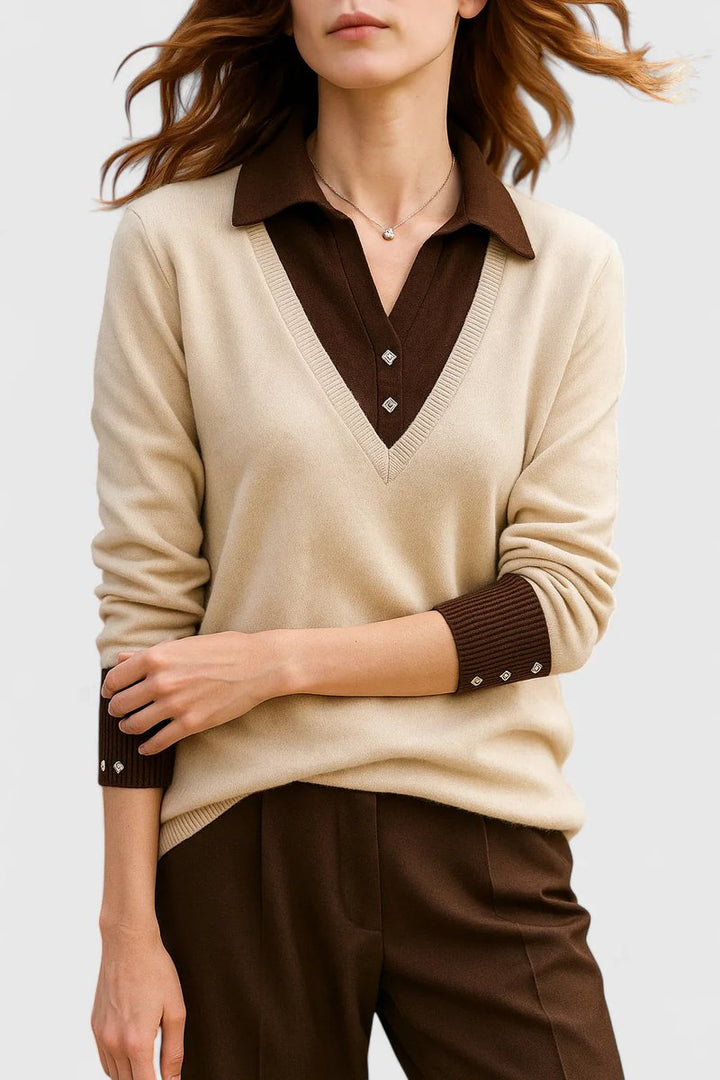 Women's V-Neck Polo Collar Knit Pullover Sweater Button Cuff