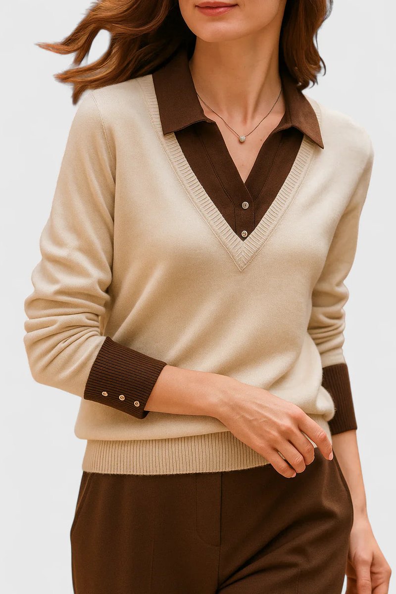 Women's V-Neck Polo Collar Knit Pullover Sweater Button Cuff