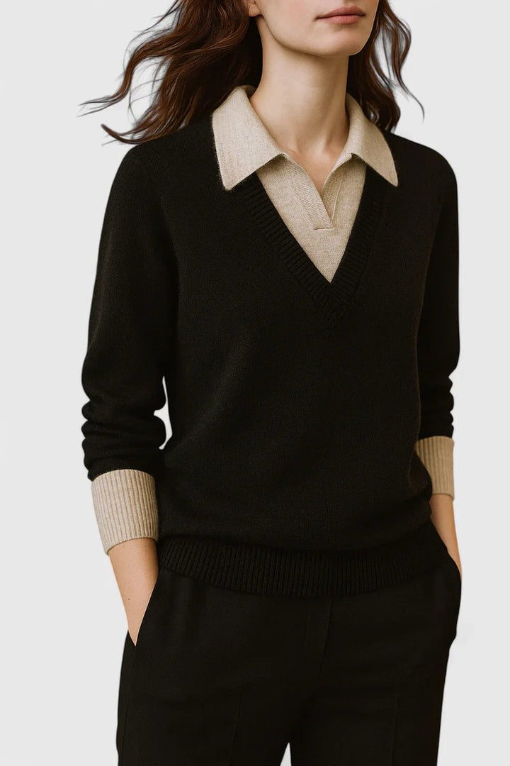 Women's V-Neck Polo Collar Knit Pullover Sweater Button Cuff