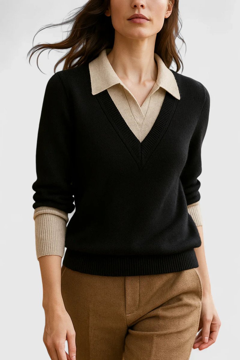 Women's V-Neck Polo Collar Knit Pullover Sweater Button Cuff