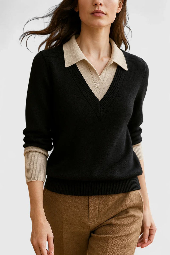 Women's V-Neck Polo Collar Knit Pullover Sweater Button Cuff