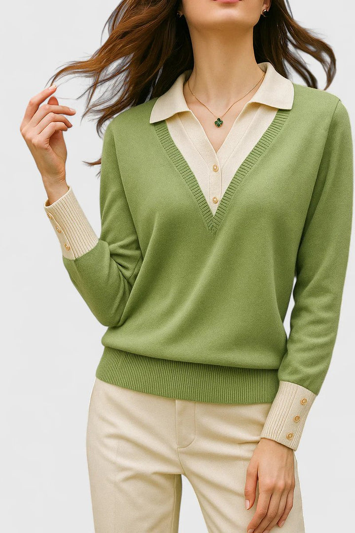 Women's V-Neck Polo Collar Knit Pullover Sweater Button Cuff