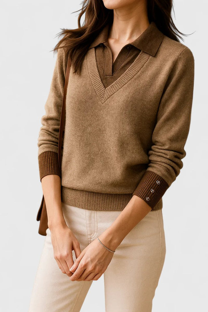 Women's V-Neck Polo Collar Knit Pullover Sweater Button Cuff